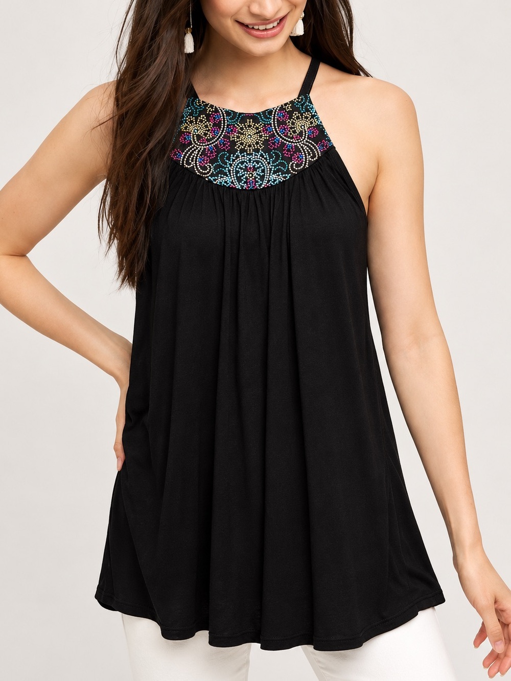 Anthropologie One September Taran Black Embroidered Halter Top Boho Size S
